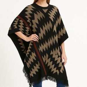 Harlow Poncho Boho Wrap Long Shrug Fringe Armhole Aztec Print Brick Taupe BLK OS